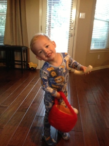 The next morning he immediately asked to have his shoes put on, grabbed his candy bucket (repurposed Elmo Easter basket), and asked to "tick o teat."
